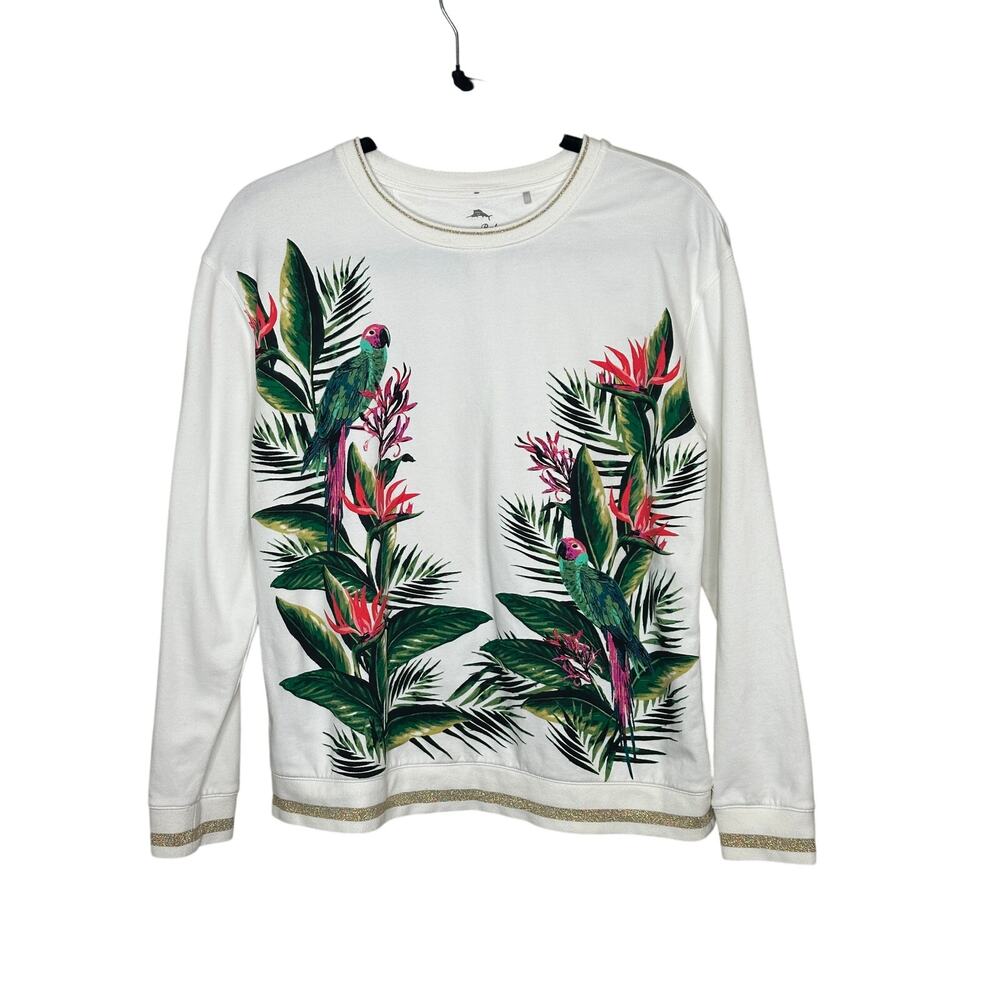 Tommy Bahama Sweatshirt S White Pink Tropical Floral Print Gold Trim Pullover